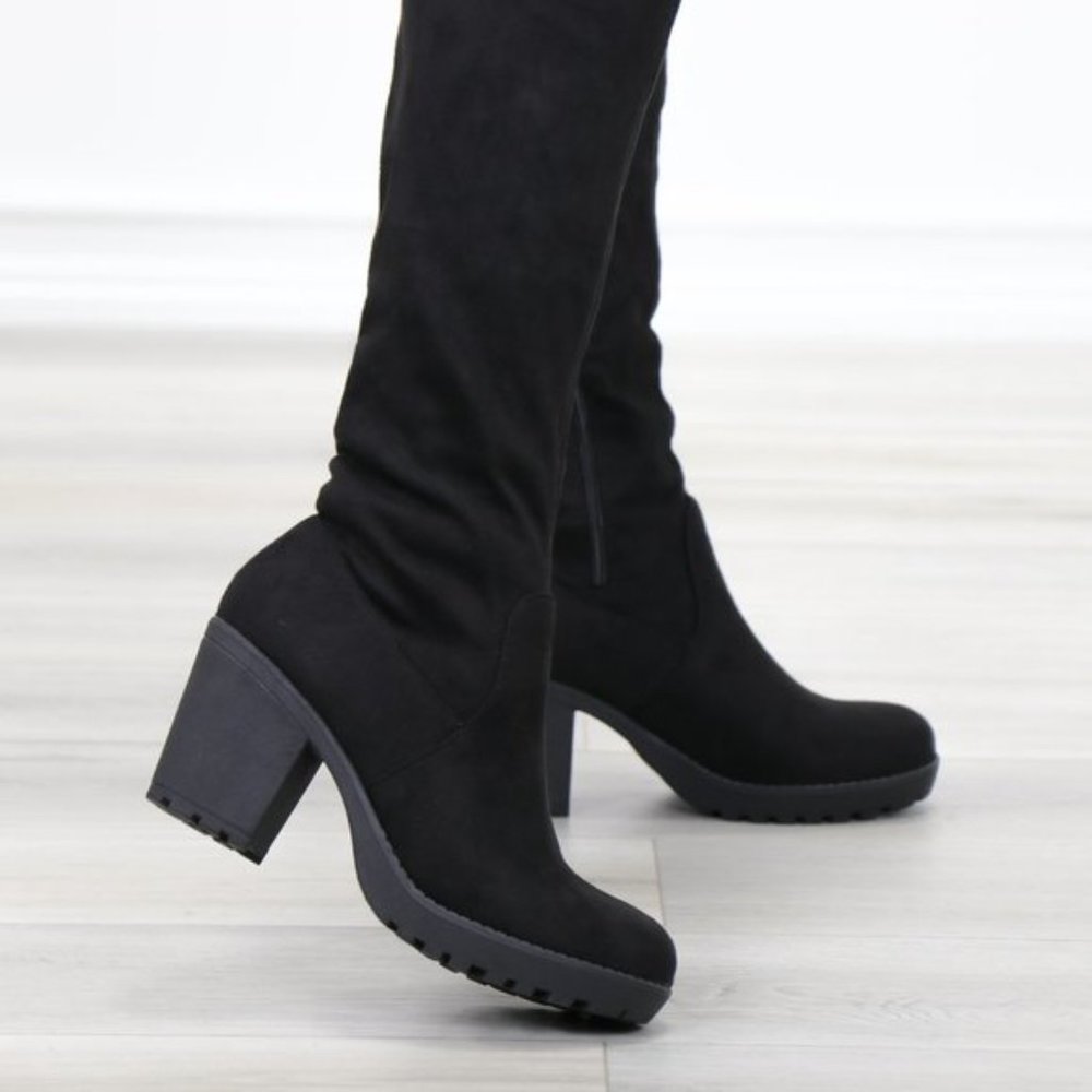 Lug Chunky Heel BlackThigh High Suede Boots - Picture 8 of 16